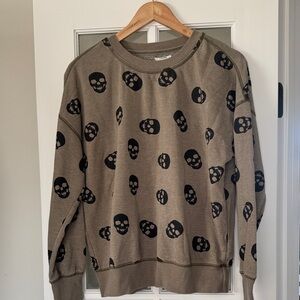 Maurices Taupe Crewneck Sweater with Black Skull Print